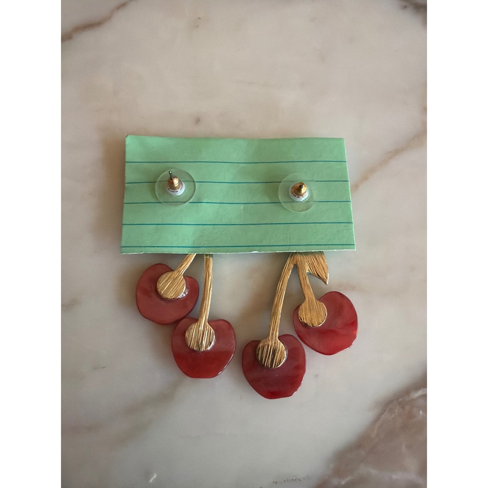 Drop Earrings Red Cherry Flower Stud Resin Enamel Whimsical Retro Style - Picture 3 of 4